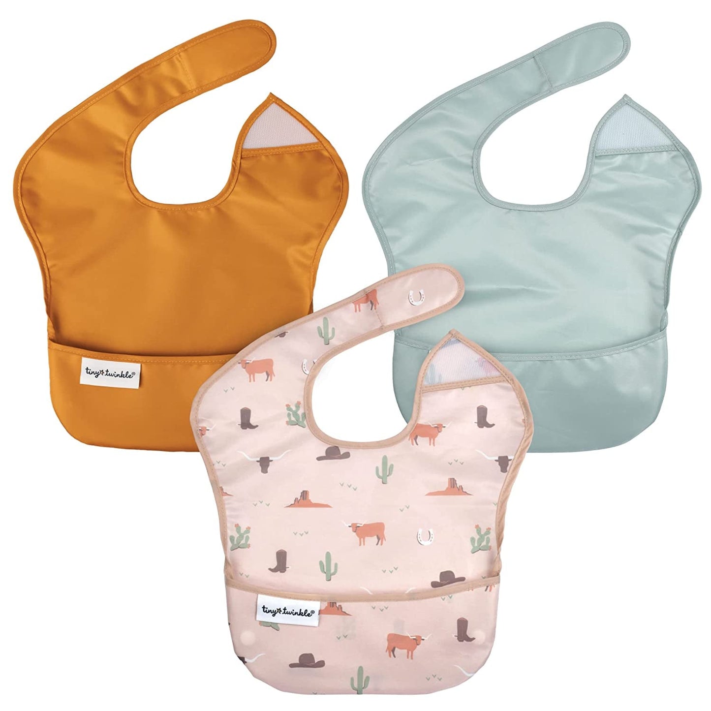 Tiny Twinkle Mess-Proof Baby Bib - Waterproof Bib for Baby Boy or Girl - Machine Washable - Adjustable Closure - PVC, BPA, & Phthalate Free - Great for Travel - Baby Food Bibs (3 Pack, Slate Olive)