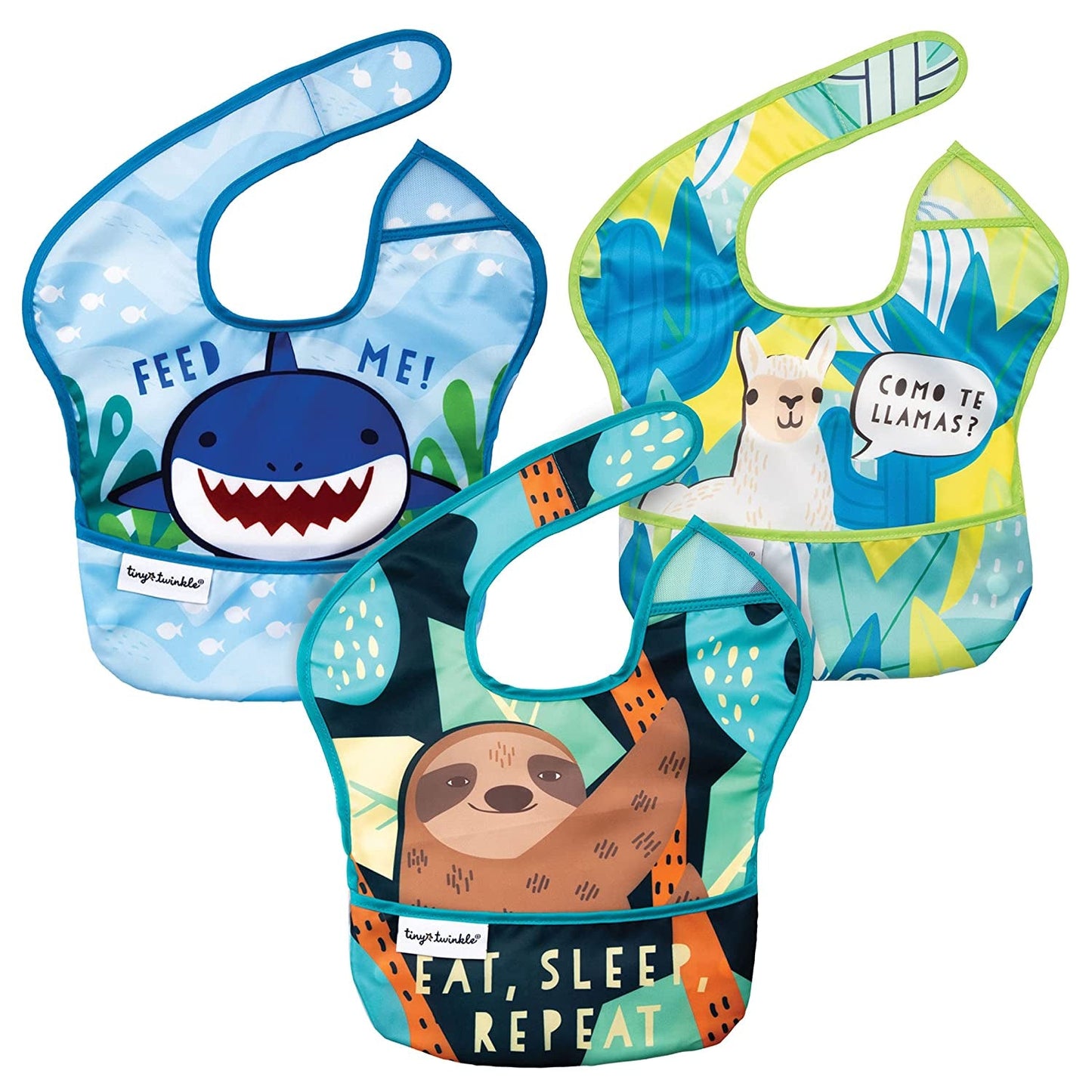 Tiny Twinkle Mess-Proof Baby Bib - Waterproof Bib for Baby Boy or Girl - Machine Washable - Adjustable Closure - PVC, BPA, & Phthalate Free - Great for Travel - Baby Food Bibs (3 Pack, Slate Olive)