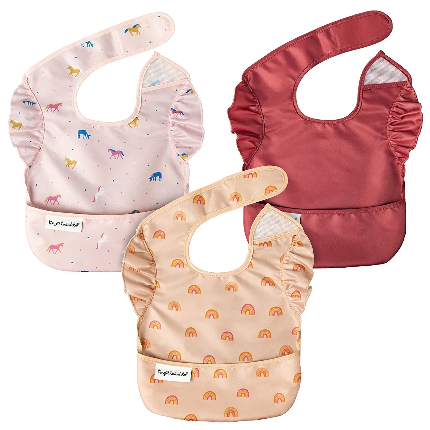 Tiny Twinkle Mess-Proof Baby Bib - Waterproof Bib for Baby Boy or Girl - Machine Washable - Adjustable Closure - PVC, BPA, & Phthalate Free - Great for Travel - Baby Food Bibs (3 Pack, Slate Olive)