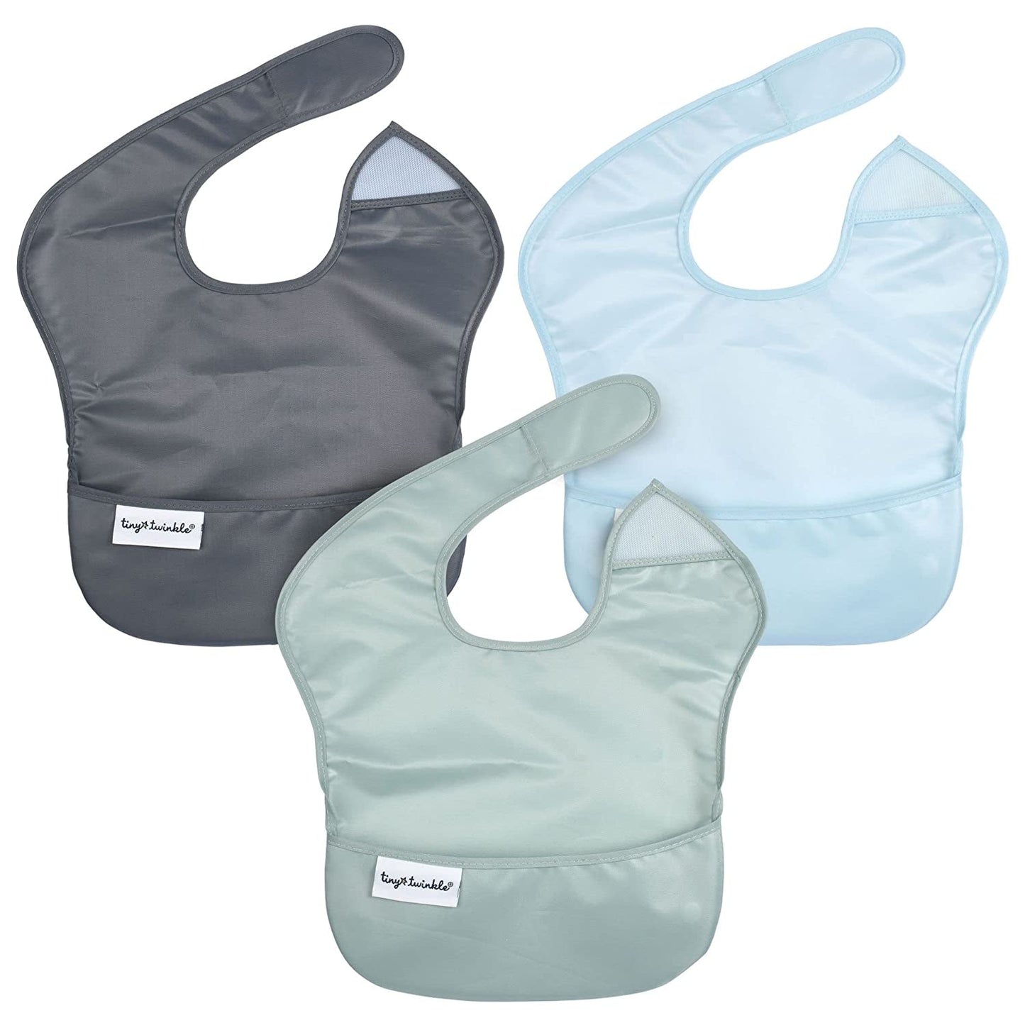 Tiny Twinkle Mess-Proof Baby Bib - Waterproof Bib for Baby Boy or Girl - Machine Washable - Adjustable Closure - PVC, BPA, & Phthalate Free - Great for Travel - Baby Food Bibs (3 Pack, Slate Olive)