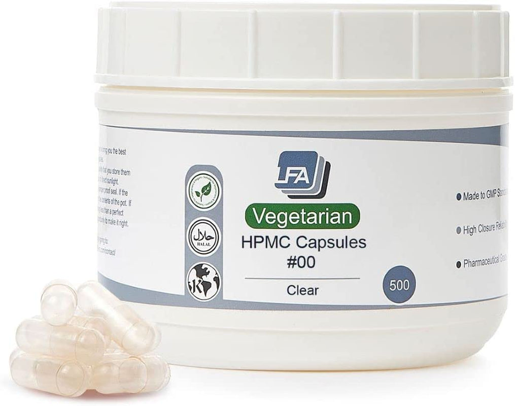 Capsules Size 00 - Clear Vegan HPMC - 120 Count Jar - Pill Capsules Empty Fits Capsule Machine Filling Tray - Joined Vegetarian Caps Easy Snap for DIY Powder Supplement Pills - Certified Halal Kosher