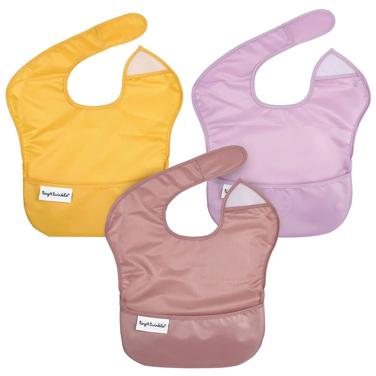 Tiny Twinkle Mess-Proof Baby Bib - Waterproof Bib for Baby Boy or Girl - Machine Washable - Adjustable Closure - PVC, BPA, & Phthalate Free - Great for Travel - Baby Food Bibs (3 Pack, Slate Olive)