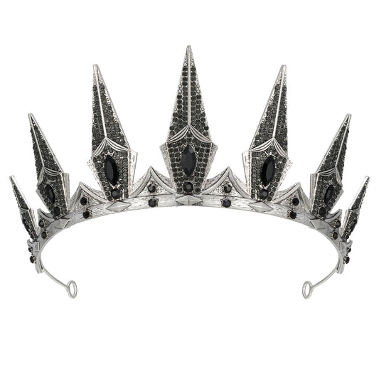 SWEETV Gothic Crowns for Women Black Tiara Queen Crown Witch Hair Accessories for Costume Halloween Prom Party, Silver