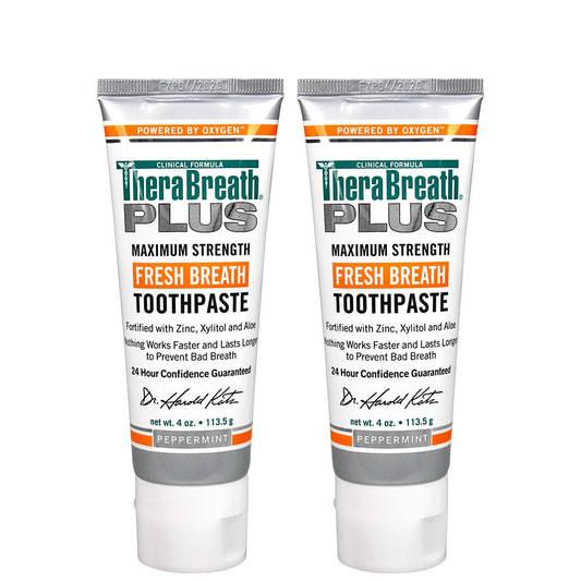TheraBreath Plus Fresh Breath Maximum Strength 24-Hour Toothpaste with Zinc, Xylitol and Aloe, 4 Ounce (Pack of 2)