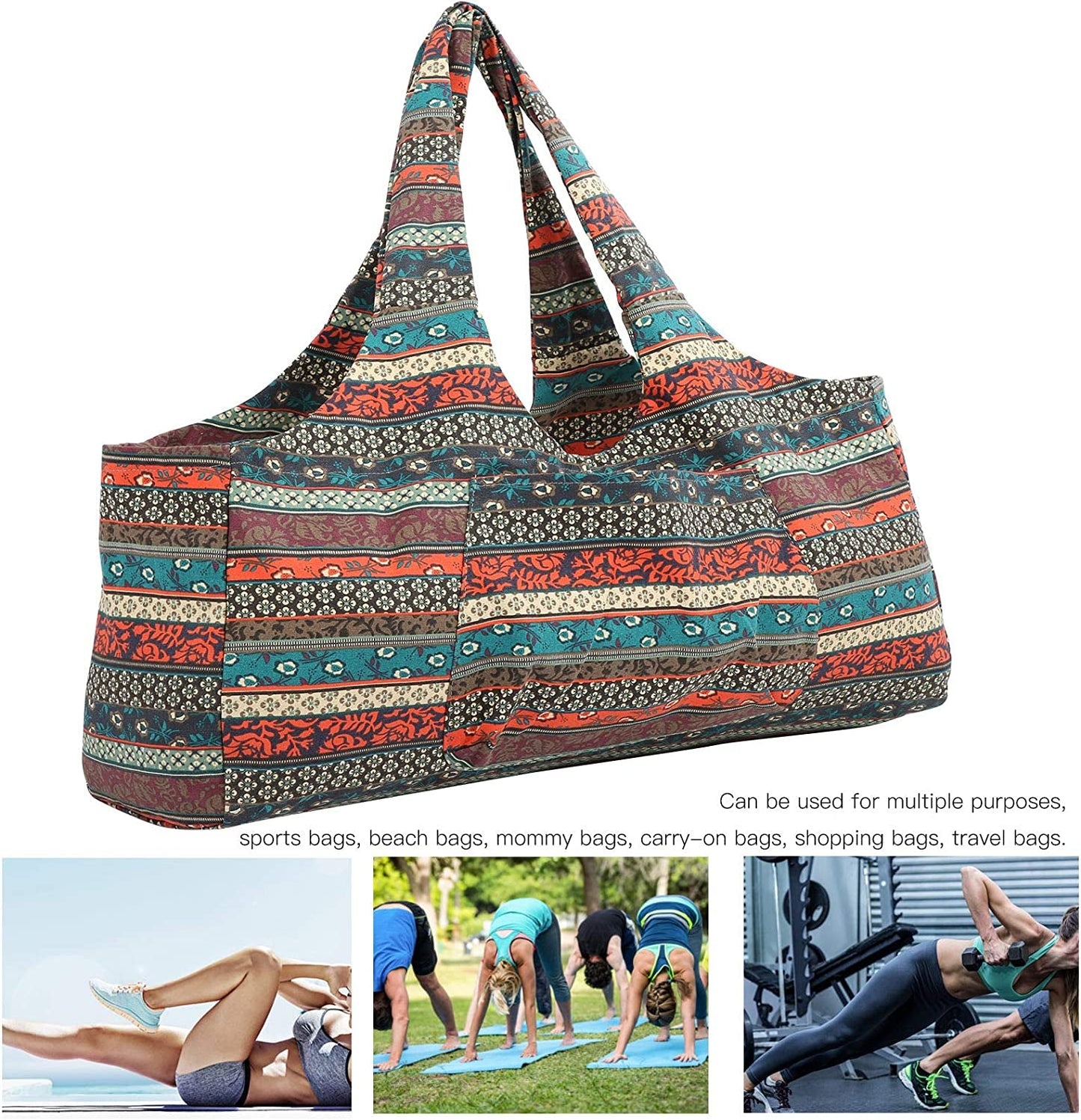 Squaircle Yoga Bag Large Capacity Double Shoulder Straps Ethnic Style Yoga Fitness Bag with Floral Travel Bag