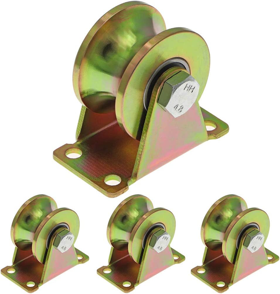 Skelang 4 Pcs 2" U-Type Groove Wheel Heavy Duty Rigid Caster with Bracket for Inverted Track, Rolling Gate, Industrial Machines, Wire Rope Rail, Loading Capacity 660 Lbs