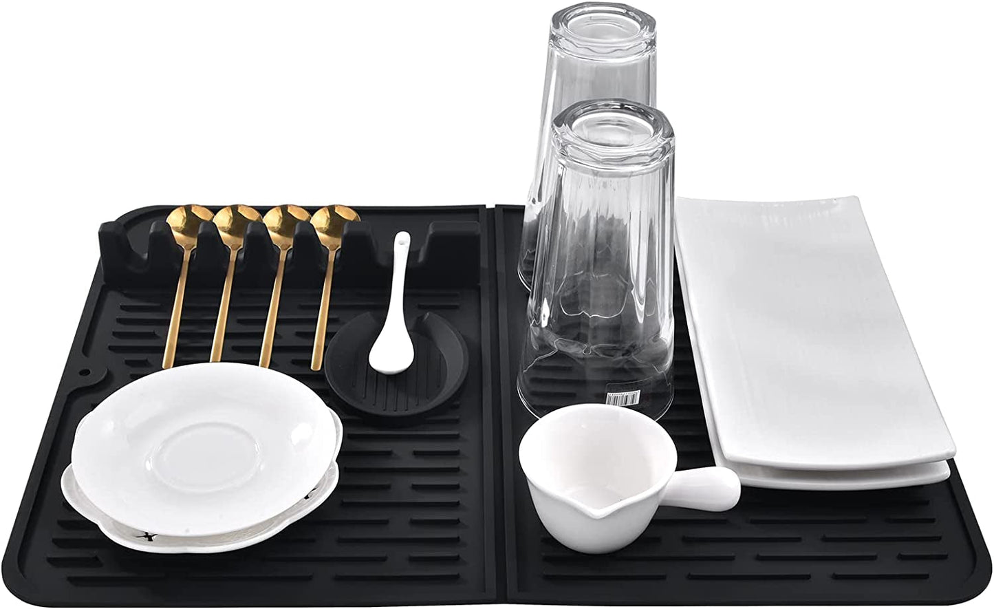 VENMATE Silicone Dish Drying Mat for Kitchen Counter, Heat Resistant Mat, Spoon Rest, Utensil Rest Spatula Holder with Drip Mat, Sink Mat with Cooking Spoon Holder (Black(19" X 14"))