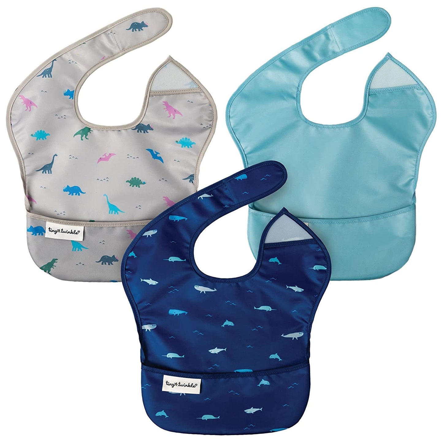 Tiny Twinkle Mess-Proof Baby Bib - Waterproof Bib for Baby Boy or Girl - Machine Washable - Adjustable Closure - PVC, BPA, & Phthalate Free - Great for Travel - Baby Food Bibs (3 Pack, Slate Olive)