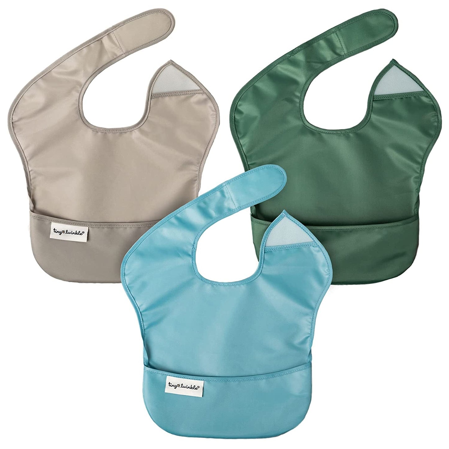 Tiny Twinkle Mess-Proof Baby Bib - Waterproof Bib for Baby Boy or Girl - Machine Washable - Adjustable Closure - PVC, BPA, & Phthalate Free - Great for Travel - Baby Food Bibs (3 Pack, Slate Olive)