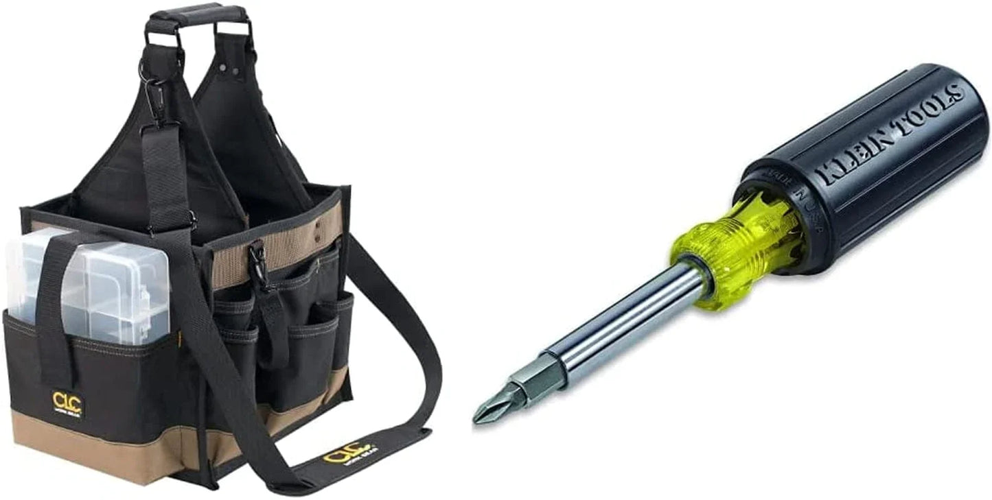 CLC Custom Leathercraft 1528 Large Electrical and Maintenance Tool Carrier & Klein Tools 32581 4-In-1 Electronics Screwdriver Set with Precision Machines Bits: 2 Slotted, 2 Phillips, 4-Piece