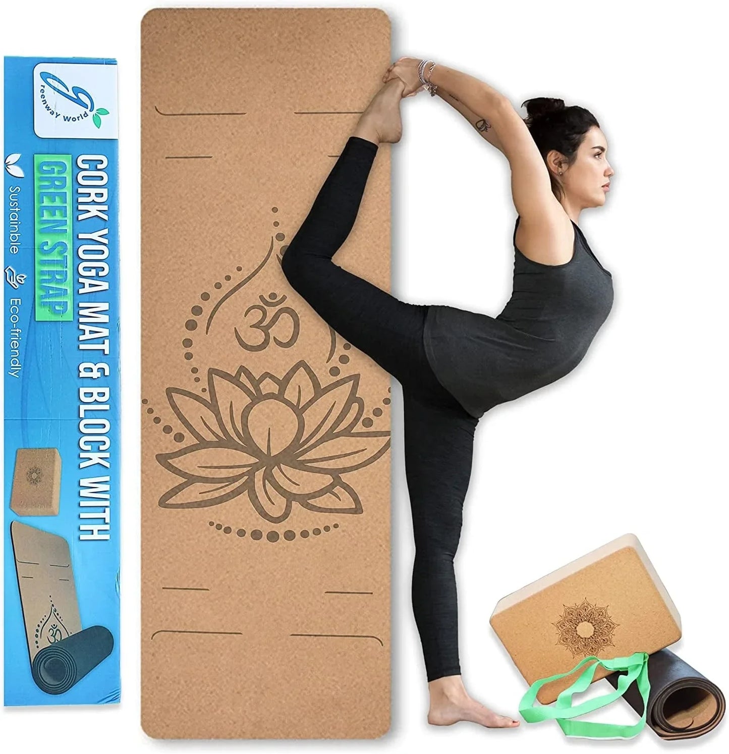 Cork Yoga Mat & Block with Green Yoga Mat Strap | Natural Travel Yoga Mat & Block for Women and Men (72” 24” 3Mm) (3” 6” 9”) | Eco-Friendly, Non-Slip, Lightweight Fitness Mat | by Greenway World