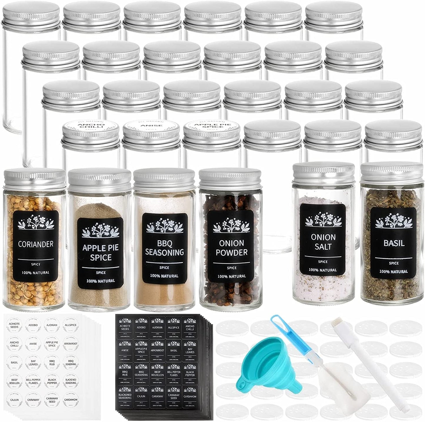 Tebery 30 Pack round Spice Bottles Jars with Silver Lids, 3Oz Empty Glass Spice Containers Shakers Complete Organizer Set Includes Shaker Lids, Wide Funnel, 360 Labels, White Maker and Cleaning Brush