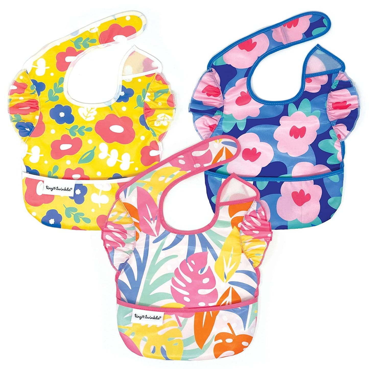 Tiny Twinkle Mess-Proof Baby Bib - Waterproof Bib for Baby Boy or Girl - Machine Washable - Adjustable Closure - PVC, BPA, & Phthalate Free - Great for Travel - Baby Food Bibs (3 Pack, Slate Olive)