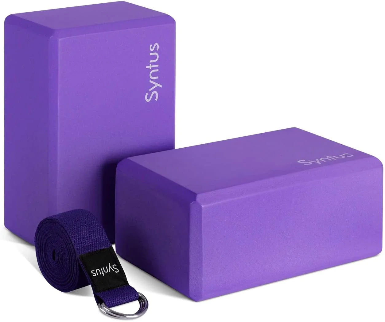 Syntus Yoga Block and Yoga Strap Set, 2 EVA Foam Soft Non-Slip Yoga Blocks 9×6×4 Inches, 8FT Metal D-Ring Strap for Yoga, General Fitness, Pilates, Stretching and Toning Workouts