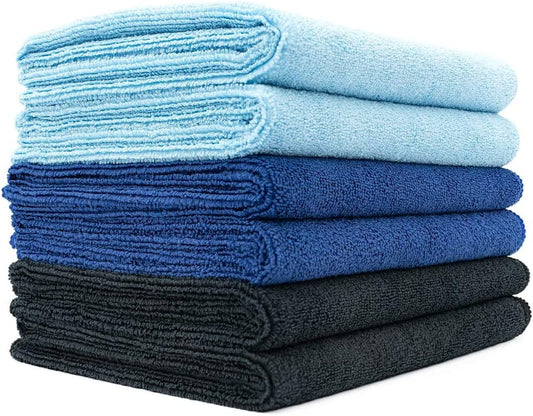 The Rag Company - Spa & Yoga Towel - Gym, Exercise, Fitness, Spa, Ultra Soft, Super Absorbent, Fast Drying Premium Microfiber, 365Gsm, 16In X 27In, Light Blue + Royal Blue + Black (6-Pack)