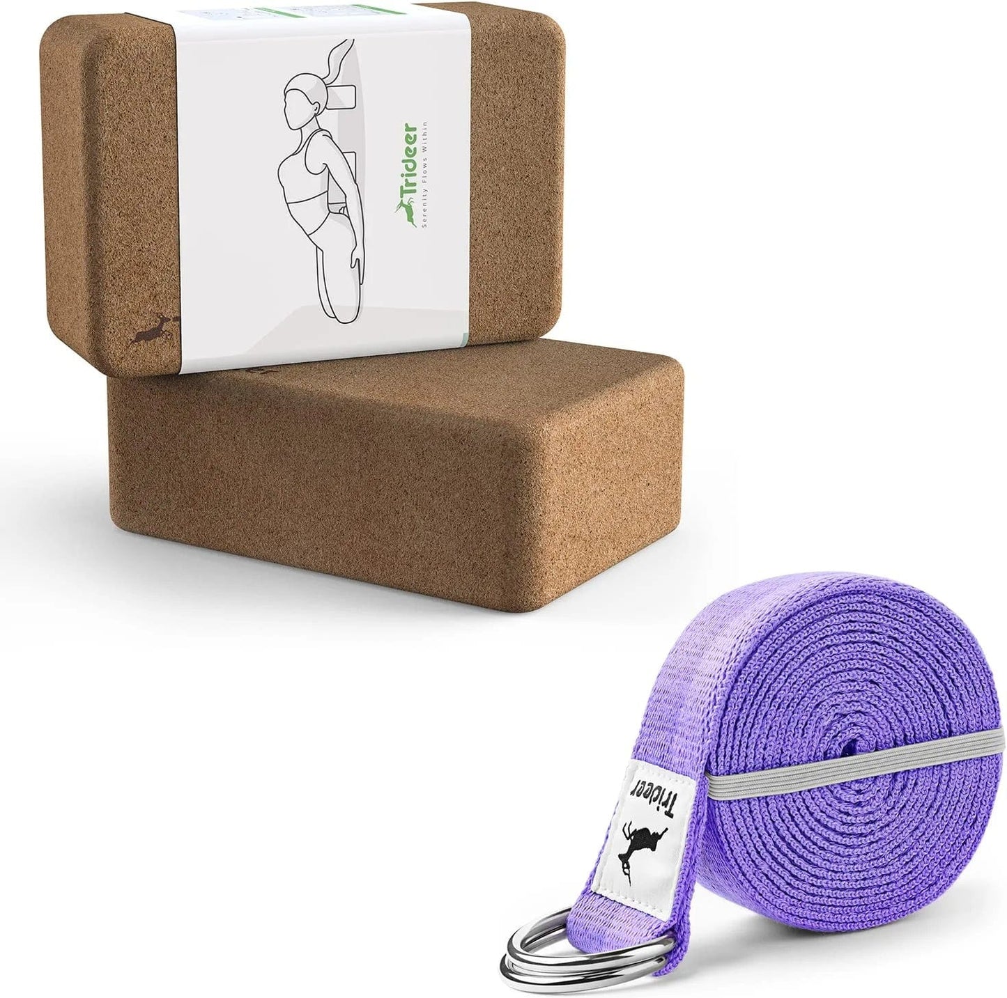 Trideer Cork Yoga Blocks, 2 Pack Natural Cork Block with Yoga Strap Stretching Strap with Extra Safe Adjustable D-Ring Buckle