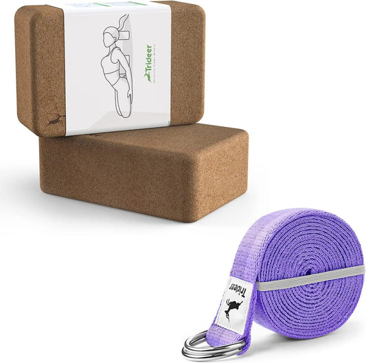 Trideer Cork Yoga Blocks, 2 Pack Natural Cork Block with Yoga Strap Stretching Strap with Extra Safe Adjustable D-Ring Buckle