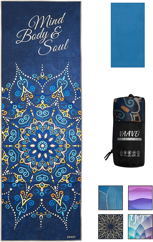 Vaavei Non Slip Yoga Towel, Hand Towel, Bag Set; Corner Pockets, Yoga Mat Sized, Perfect for Yoga, Hot Yoga, Bikram Yoga, Quality Microfiber, Lightweight and Compact, 5 Designs, 2 Sizes