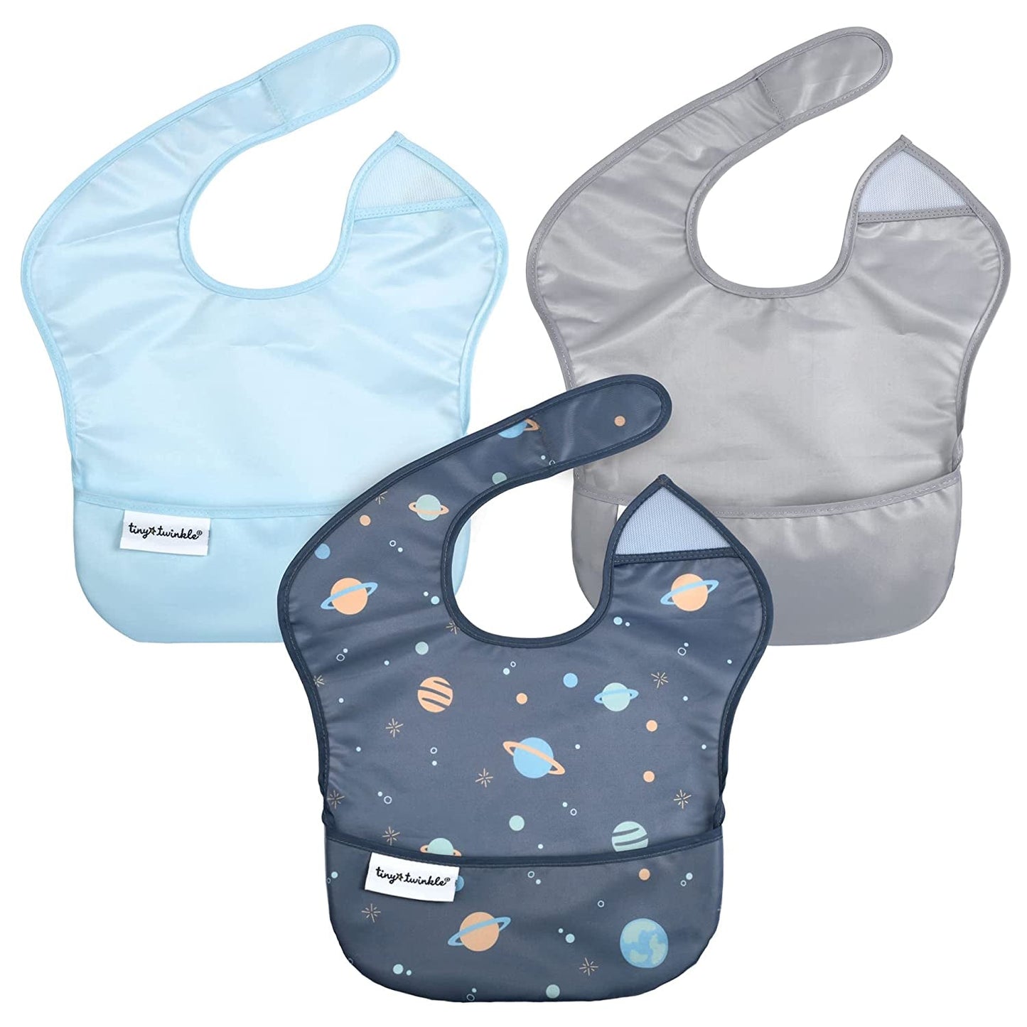 Tiny Twinkle Mess-Proof Baby Bib - Waterproof Bib for Baby Boy or Girl - Machine Washable - Adjustable Closure - PVC, BPA, & Phthalate Free - Great for Travel - Baby Food Bibs (3 Pack, Slate Olive)
