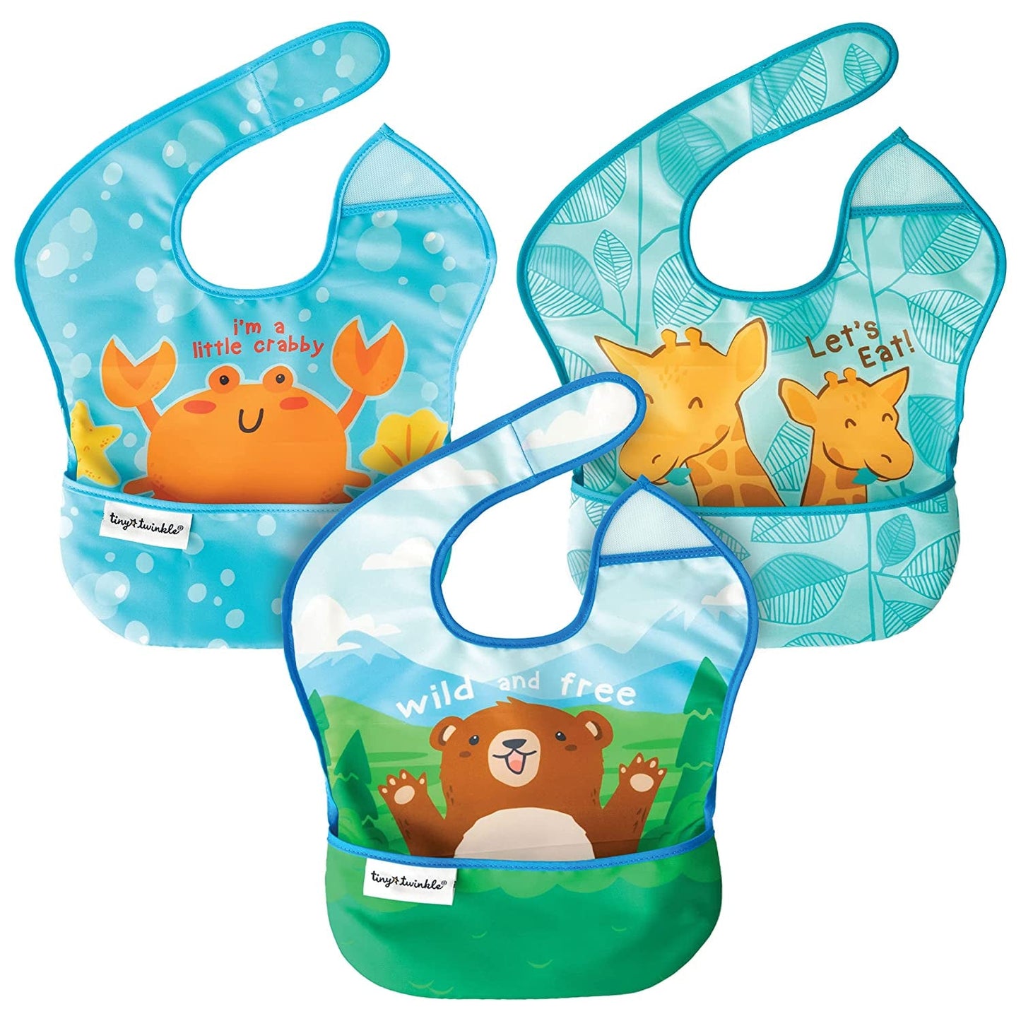 Tiny Twinkle Mess-Proof Baby Bib - Waterproof Bib for Baby Boy or Girl - Machine Washable - Adjustable Closure - PVC, BPA, & Phthalate Free - Great for Travel - Baby Food Bibs (3 Pack, Slate Olive)