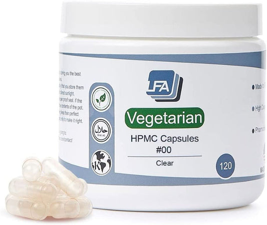 Capsules Size 00 - Clear Vegan HPMC - 120 Count Jar - Pill Capsules Empty Fits Capsule Machine Filling Tray - Joined Vegetarian Caps Easy Snap for DIY Powder Supplement Pills - Certified Halal Kosher