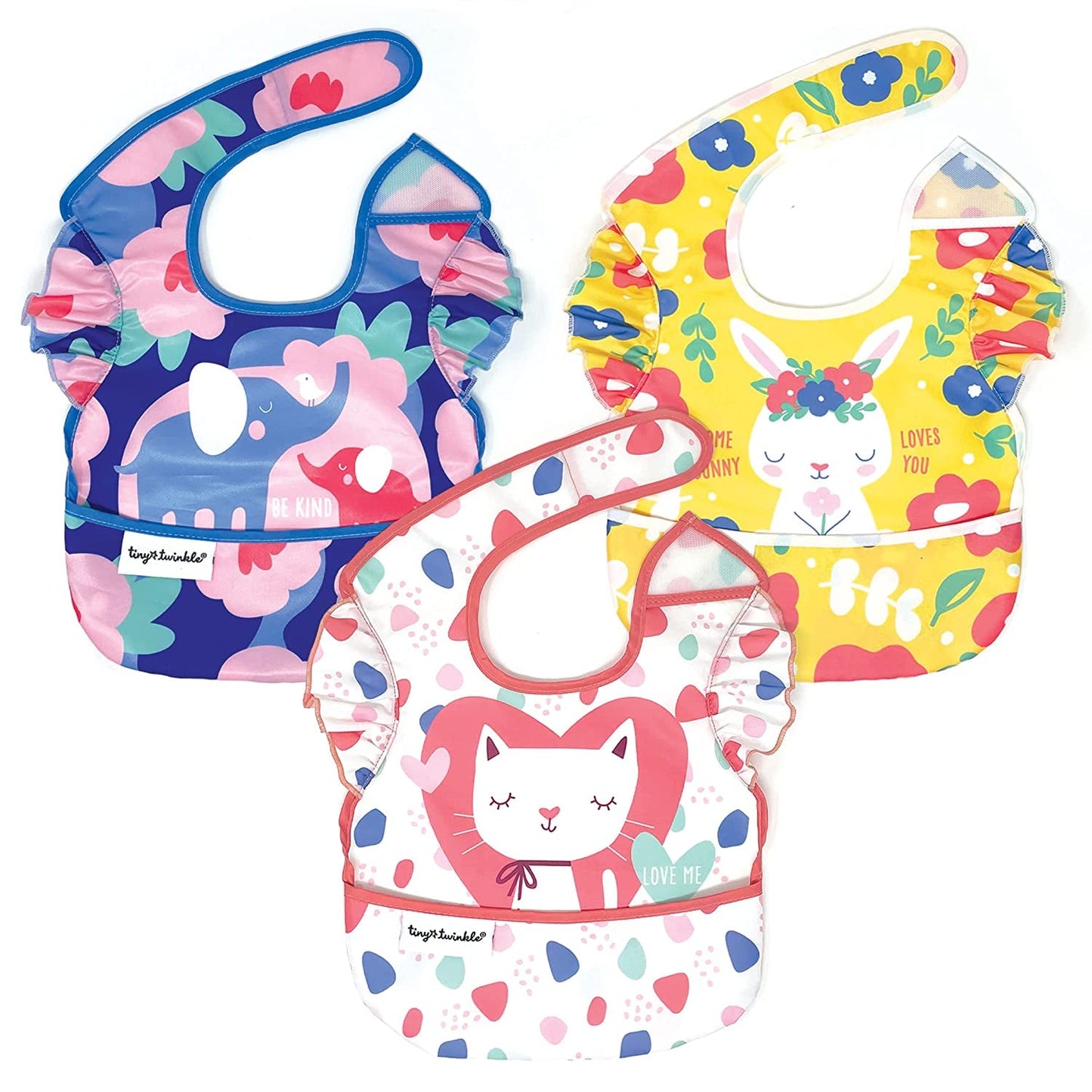 Tiny Twinkle Mess-Proof Baby Bib - Waterproof Bib for Baby Boy or Girl - Machine Washable - Adjustable Closure - PVC, BPA, & Phthalate Free - Great for Travel - Baby Food Bibs (3 Pack, Slate Olive)