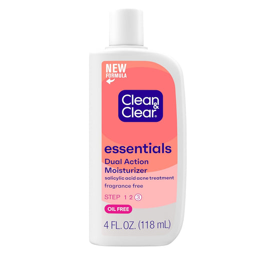 Clean & Clear Essentials Dual Action Oil-Free Facial Moisturizer, Salicylic Acid Acne Treatment with Pro-Vitamin B5 Moisturizes While Treating Acne & Helping to Prevent Pimples, 4 fl. Oz (Pack of 3)
