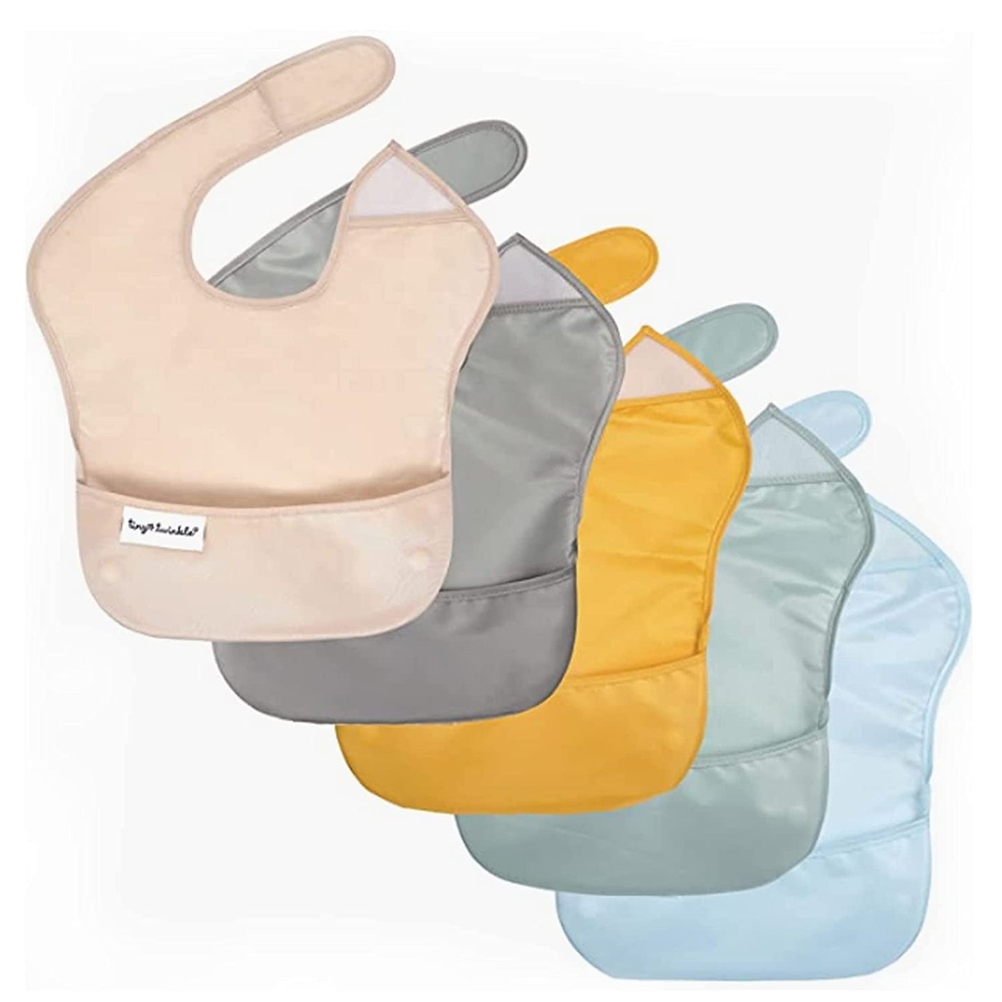 Tiny Twinkle Mess-Proof Baby Bib - Waterproof Bib for Baby Boy or Girl - Machine Washable - Adjustable Closure - PVC, BPA, & Phthalate Free - Great for Travel - Baby Food Bibs (3 Pack, Slate Olive)