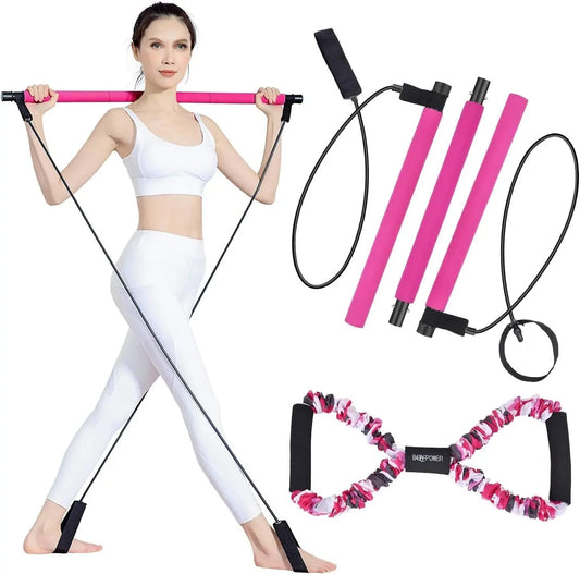 BQYPOWER Pilates Bar Kit with Resistance Band for Portable Home Gym Workout, 3-Section Yoga Pilates Stick Muscle Exercise Equipment Toning Bar & 8-Shape Pull Rope for Full Body Fitness