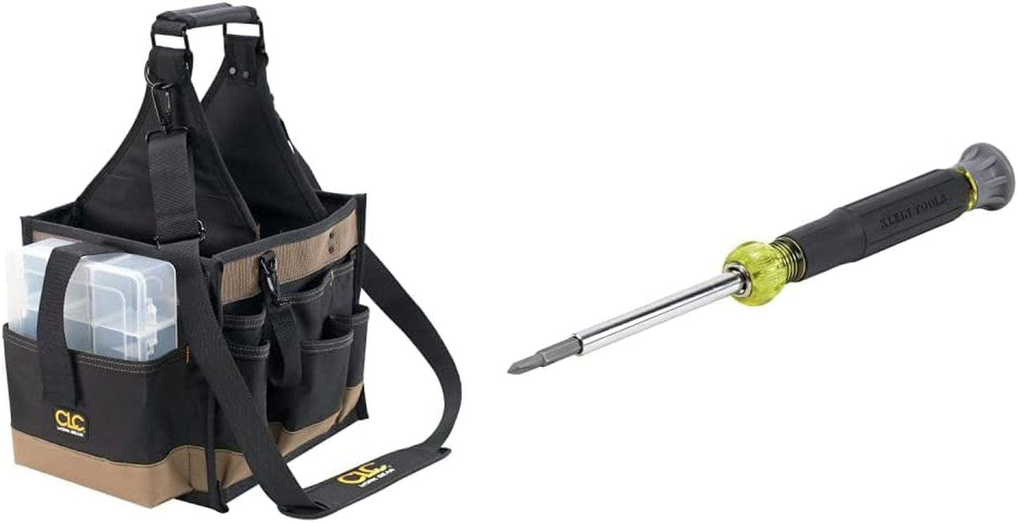 CLC Custom Leathercraft 1528 Large Electrical and Maintenance Tool Carrier & Klein Tools 32581 4-In-1 Electronics Screwdriver Set with Precision Machines Bits: 2 Slotted, 2 Phillips, 4-Piece