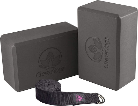 Clever Yoga Blocks and Strap Set 2 Pack Yoga Blocks Light Weight High Density Foam 9X6X4 Inches and 8FT Thick Cotton Yoga Strap for Beginners and All Yogis Supports All Poses, Flexibility and Posture
