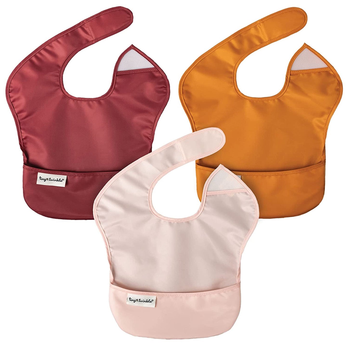 Tiny Twinkle Mess-Proof Baby Bib - Waterproof Bib for Baby Boy or Girl - Machine Washable - Adjustable Closure - PVC, BPA, & Phthalate Free - Great for Travel - Baby Food Bibs (3 Pack, Slate Olive)