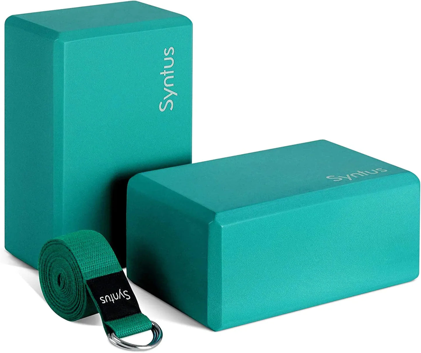 Syntus Yoga Block and Yoga Strap Set, 2 EVA Foam Soft Non-Slip Yoga Blocks 9×6×4 Inches, 8FT Metal D-Ring Strap for Yoga, General Fitness, Pilates, Stretching and Toning Workouts