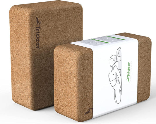 Trideer Cork Yoga Blocks, 2 Pack Natural Cork Block, High Density Yoga Bricks with Non Slip Surface, Eco-Friendly Yoga Accessories for Women, Ideal for Yoga, General Fitness, Pilates, Stretching, Toning Workouts, 9''*6''*3''