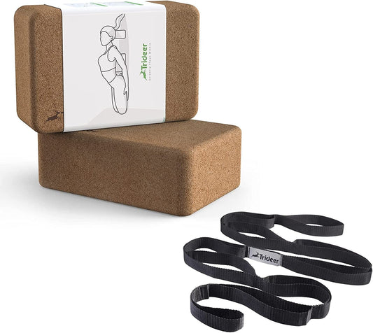 Trideer Cork Yoga Blocks, 2 Pack Natural Cork Block with Yoga Strap Stretching Strap,10 Loops Non-Elastic Stretch Bands for Home Workout, Exercise, Pilates and Gymnastics.