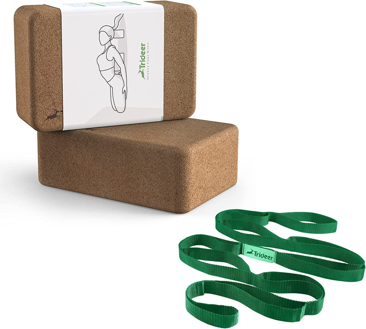 Trideer Cork Yoga Blocks, 2 Pack Natural Cork Block with Yoga Strap Stretching Strap,10 Loops Yoga Straps for Stretching, Non-Elastic Stretch Strap for Pilates, Exercise.