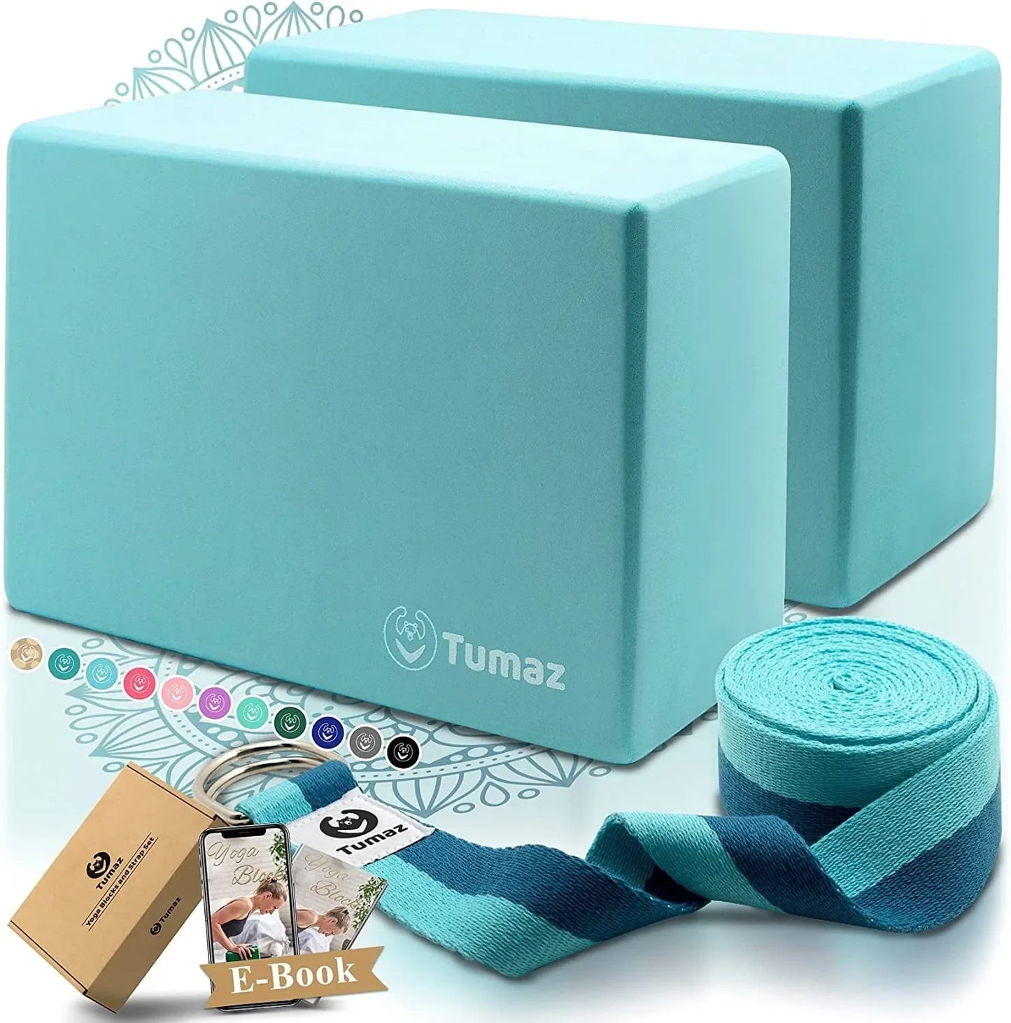 Tumaz Yoga Blocks 2 Pack with Strap Set, High Density/Lightweight EVA Foam Yoga Blocks or Non-Slip Solid Natural Cork Yoga Blocks Set & Premium Yoga Brick for All Yogi [E-Book Included]