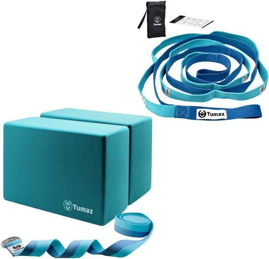 Tumaz Yoga Blocks and Stretching Strap Set - High Density/Lightweight EVA Foam Yoga Blocks - 10 Loops & Non-Elastic Yoga Strap - the Perfect Home Workout Stretch Strap for Physical Therapy