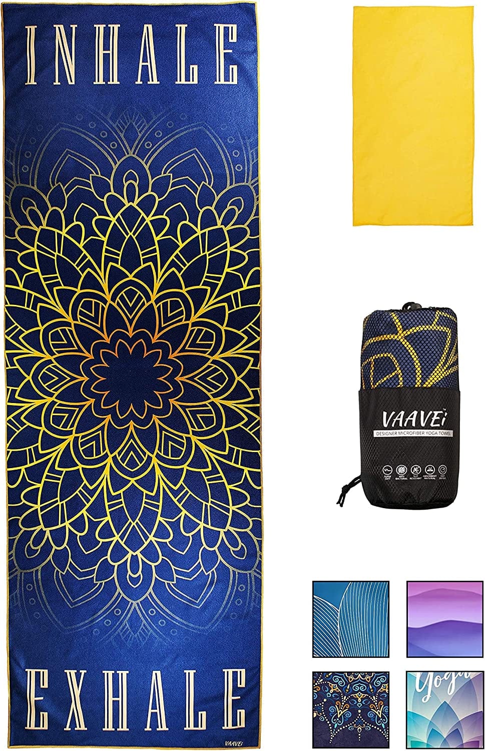 Vaavei Non Slip Yoga Towel, Hand Towel, Bag Set; Corner Pockets, Yoga Mat Sized, Perfect for Yoga, Hot Yoga, Bikram Yoga, Quality Microfiber, Lightweight and Compact, 5 Designs, 2 Sizes