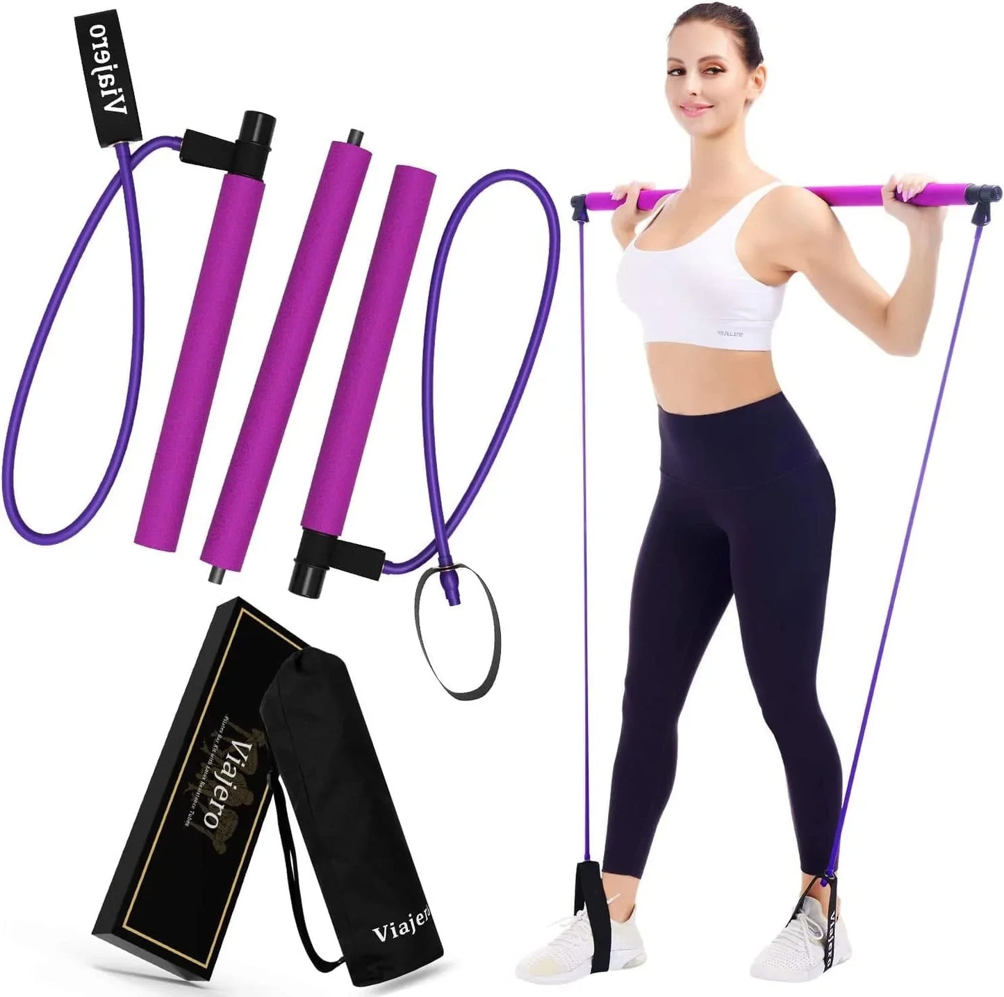 Viajero 2022 Pilates Bar Kit for Portable Home Gym Workout - 2 Latex Exercise Resistance Band - 3-Section Sticks - All-In-One Strength Weights Equipment for Body Fitness Squat Yoga with E-Book & Video
